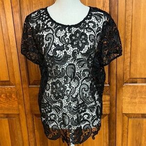 Bisou Bisou Black Paisley Crop Lace Scoop Neck Sheer Popover Layering Top XL